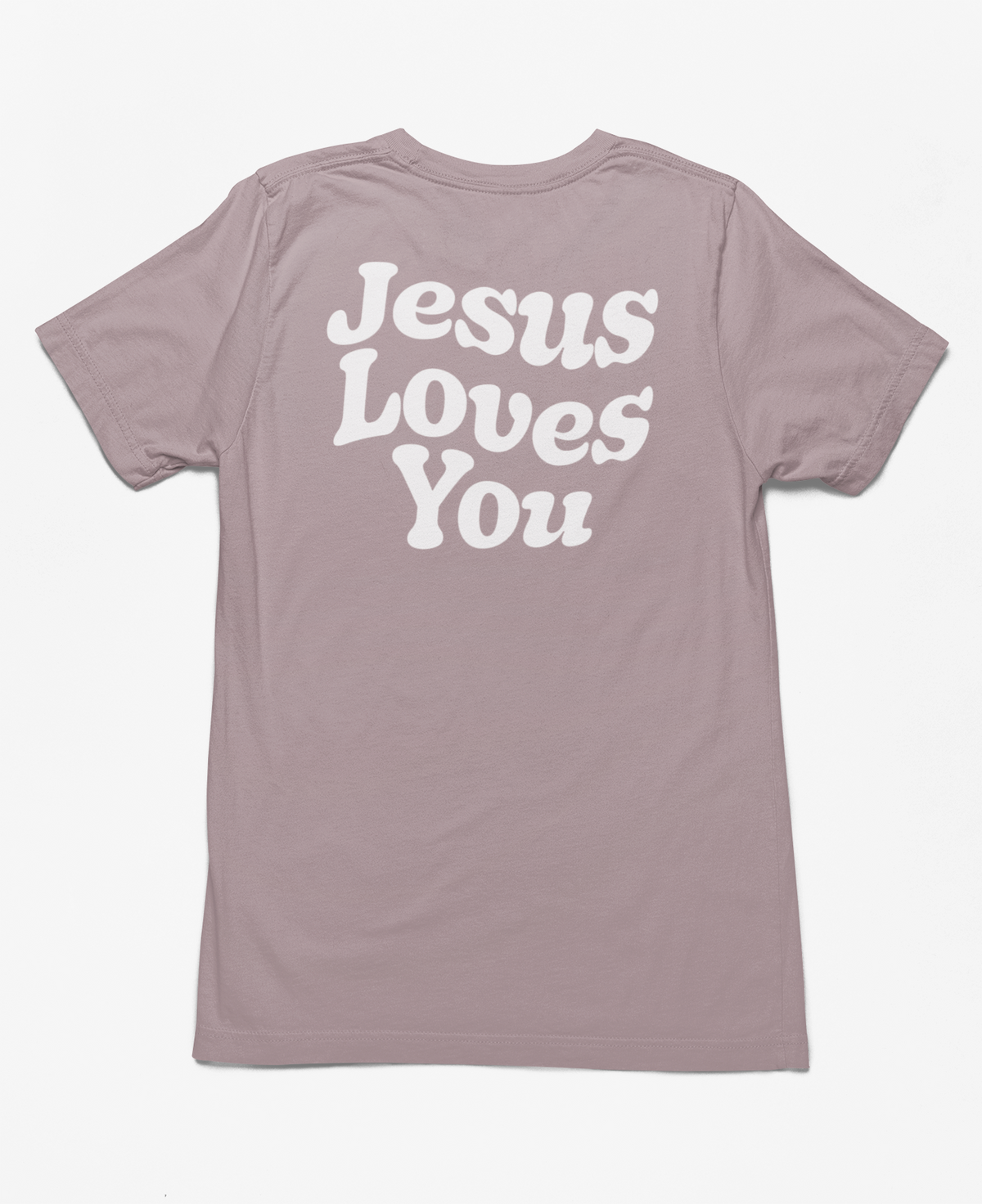 “Jesus Loves You Christian tee with retro white lettering”
“Christian shirt with large Jesus Loves You text on back and heart on front”
“Soft faith based tee featuring simple heart detail and bold message on back”