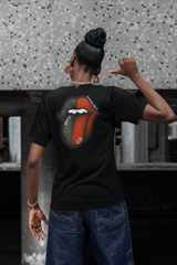 Girl pointing at the back of the shirt with the Proverbs 18 design