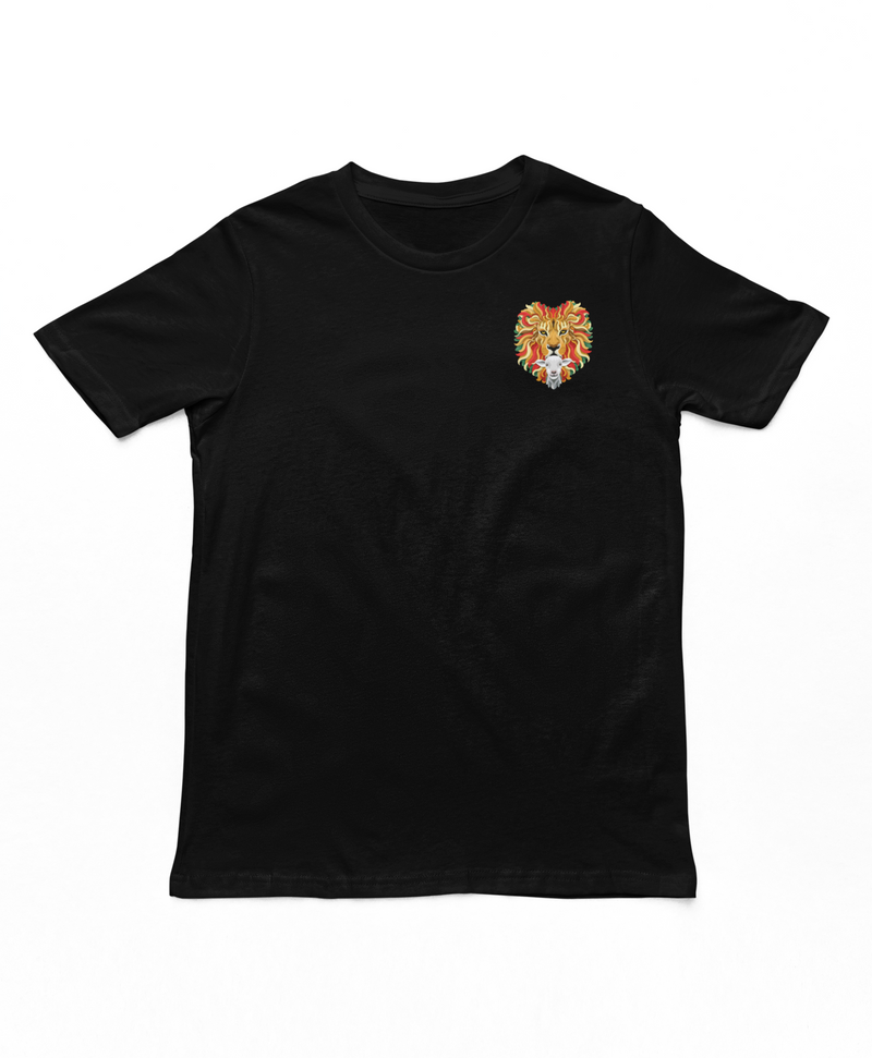 Black pocket tee with small lion and lamb emblem over the heart
Christian pocket shirt featuring lion and lamb artwork
Minimal faith based tshirt with symbolic lion and lamb design