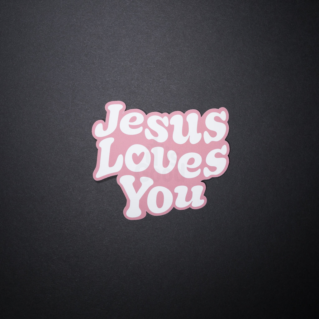 Muave Jesus Loves You Christian sticker with bubble letters on dark background