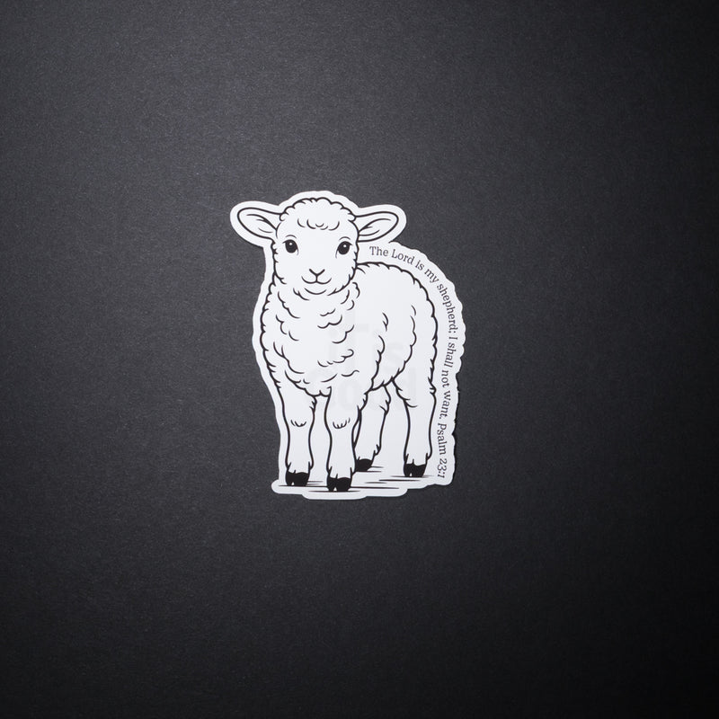 Black and white lamb sticker with The Lord is my shepherd Psalm 23 verse
Christian lamb sticker featuring Psalm 23 scripture in hand drawn style