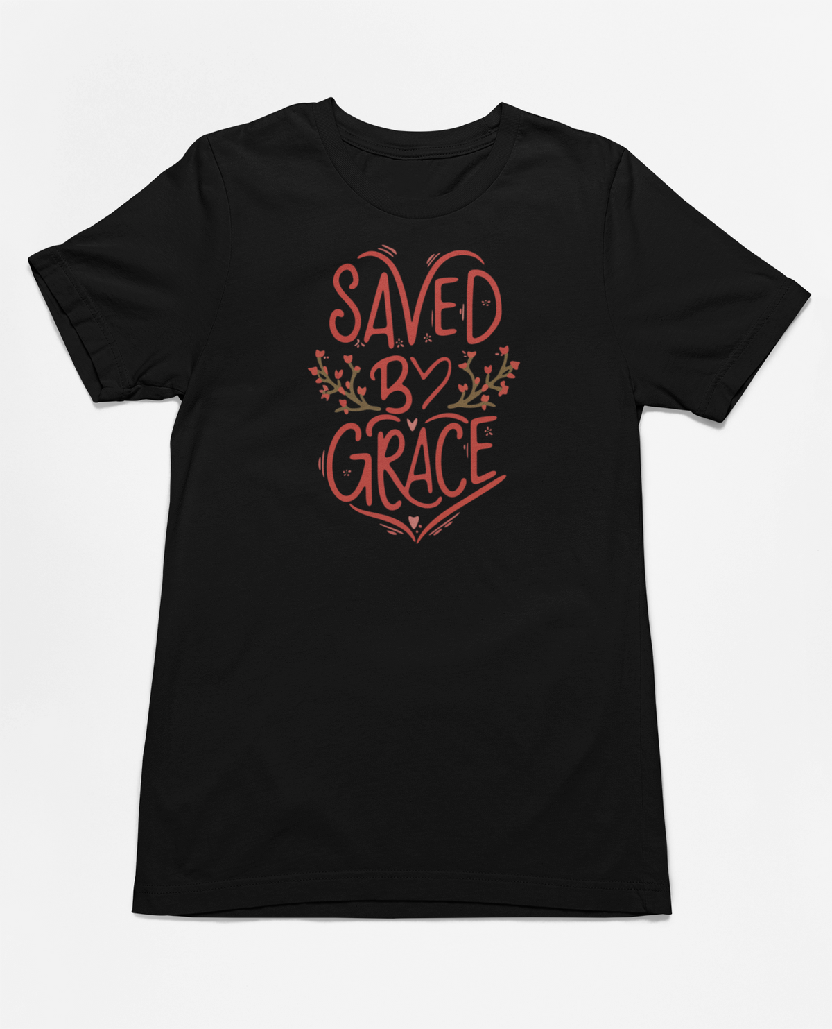 Black christian tee with Saved by Grace lettering and floral accents
Faith based tshirt inspired by Ephesians 2:8
Christian typography design with grace message