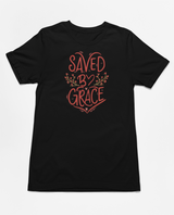 Black christian tee with Saved by Grace lettering and floral accents
Faith based tshirt inspired by Ephesians 2:8
Christian typography design with grace message