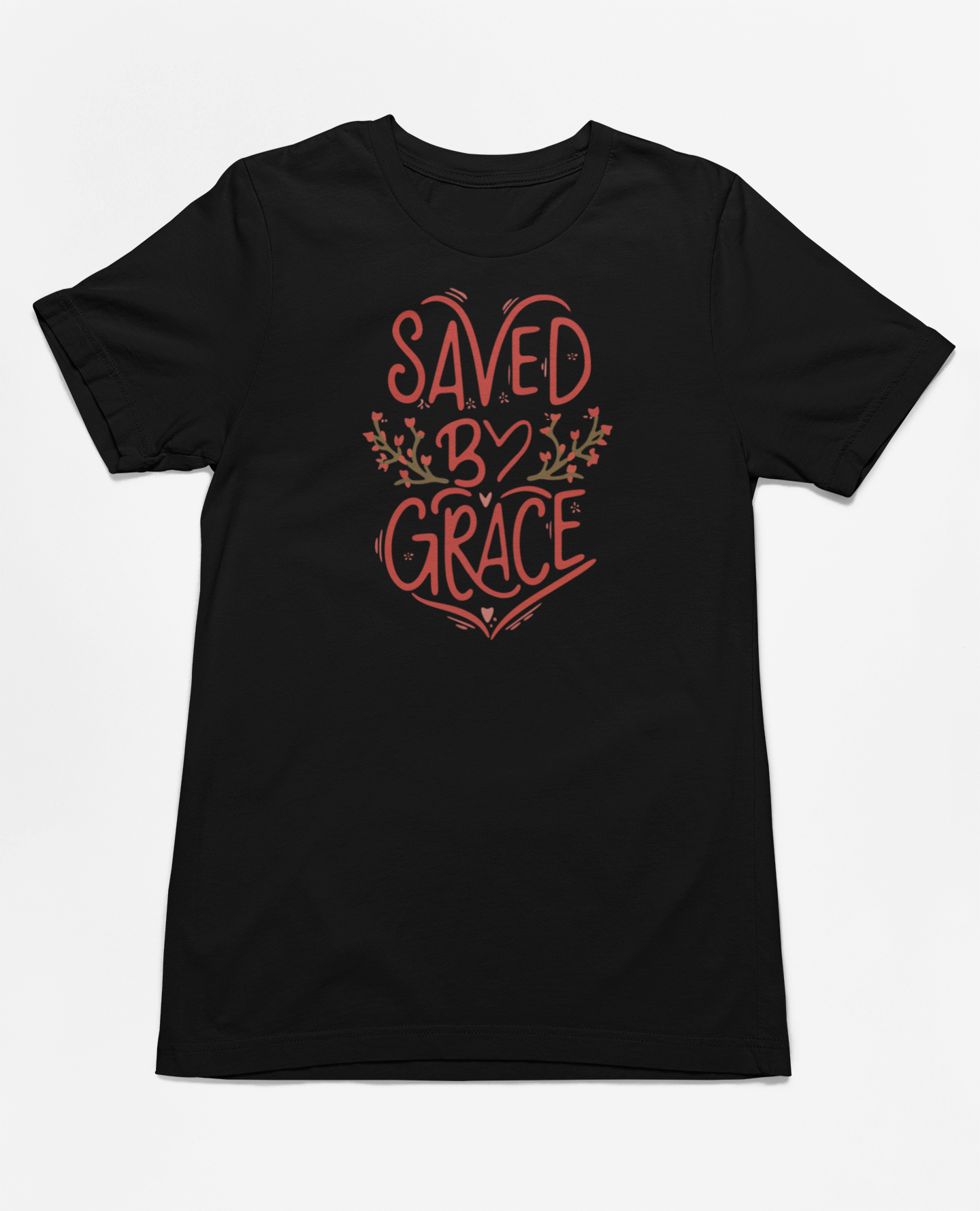 Black christian tee with Saved by Grace lettering and floral accents
Faith based tshirt inspired by Ephesians 2:8
Christian typography design with grace message