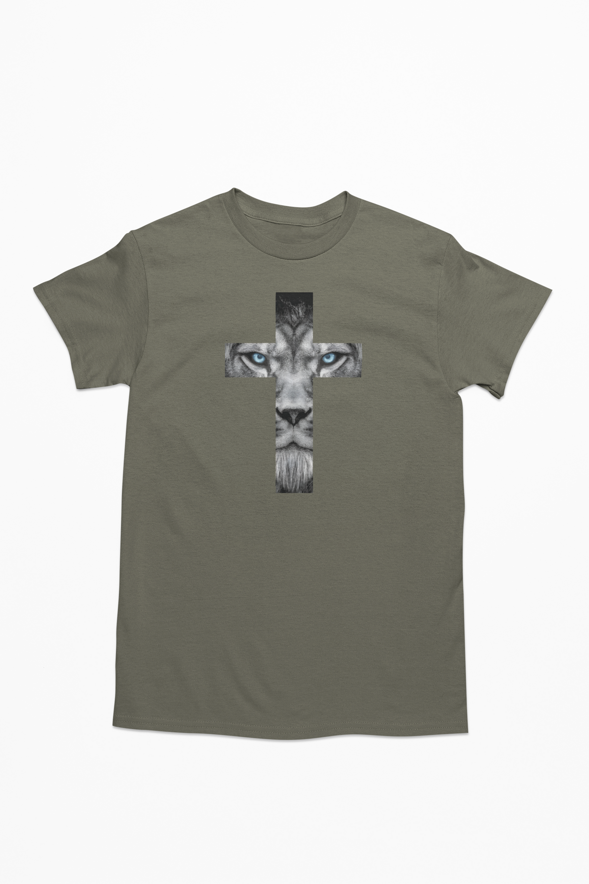 Olive green Christian tee with lion cross design

Lion and cross faith shirt unisex fit

Christian graphic tee inspired by strength and belief