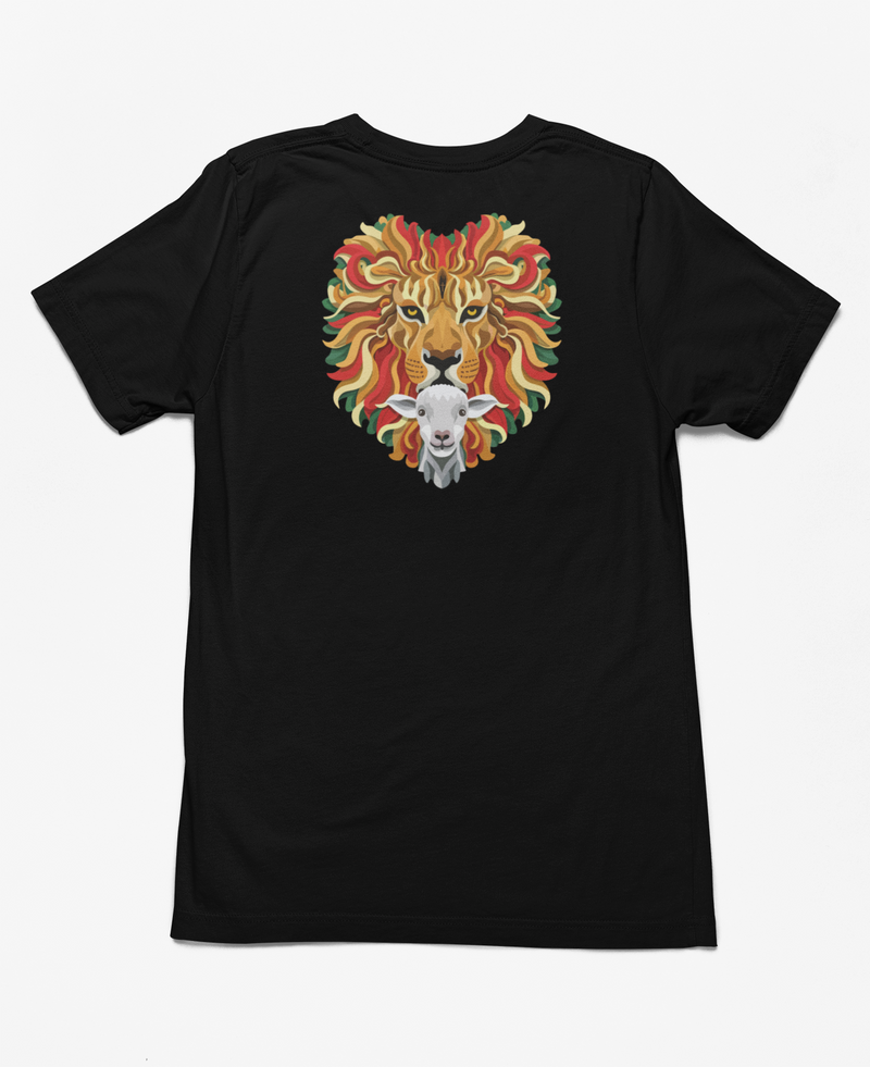 Back of black christian shirt with multicolor Lion and Lamb artwork
Front view black christian tee with kneeling at the cross it logo
Christian graphic tee featuring Lion of Judah and Lamb of God design