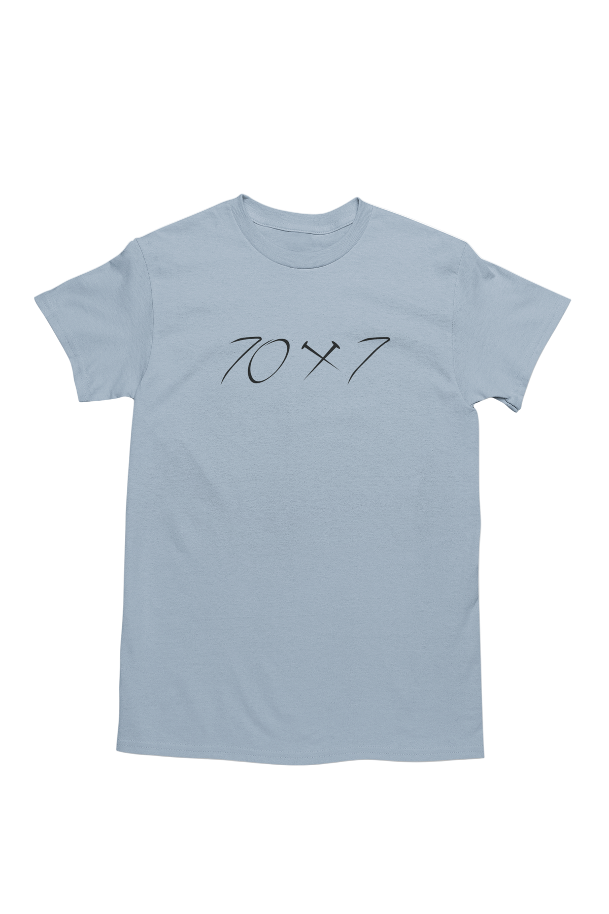 Light blue christian tee with seventy times seven script design referencing Matthew 18
Flat lay christian forgiveness shirt displayed on a clean background
Minimal scripture inspired tshirt reflecting Jesus teaching on forgiveness