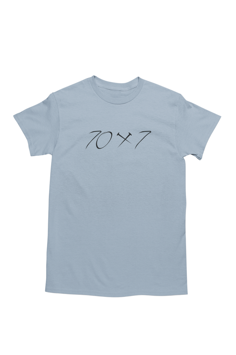 Light blue christian tee with seventy times seven script design referencing Matthew 18
Flat lay christian forgiveness shirt displayed on a clean background
Minimal scripture inspired tshirt reflecting Jesus teaching on forgiveness