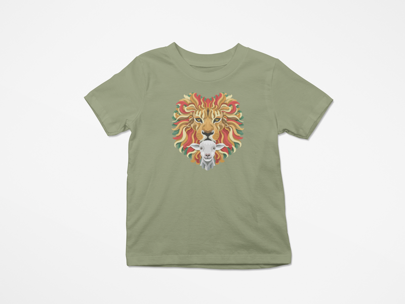 Green t-shirt with a lion and goat graphic on a white background